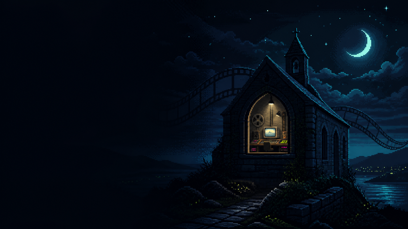 Pixel-art film studio glowing inside a chapel at night