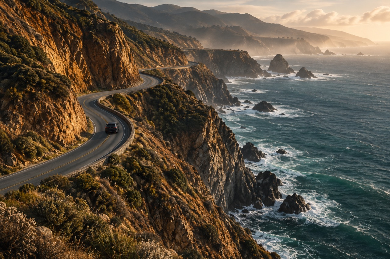 A winding coastline at golden hour