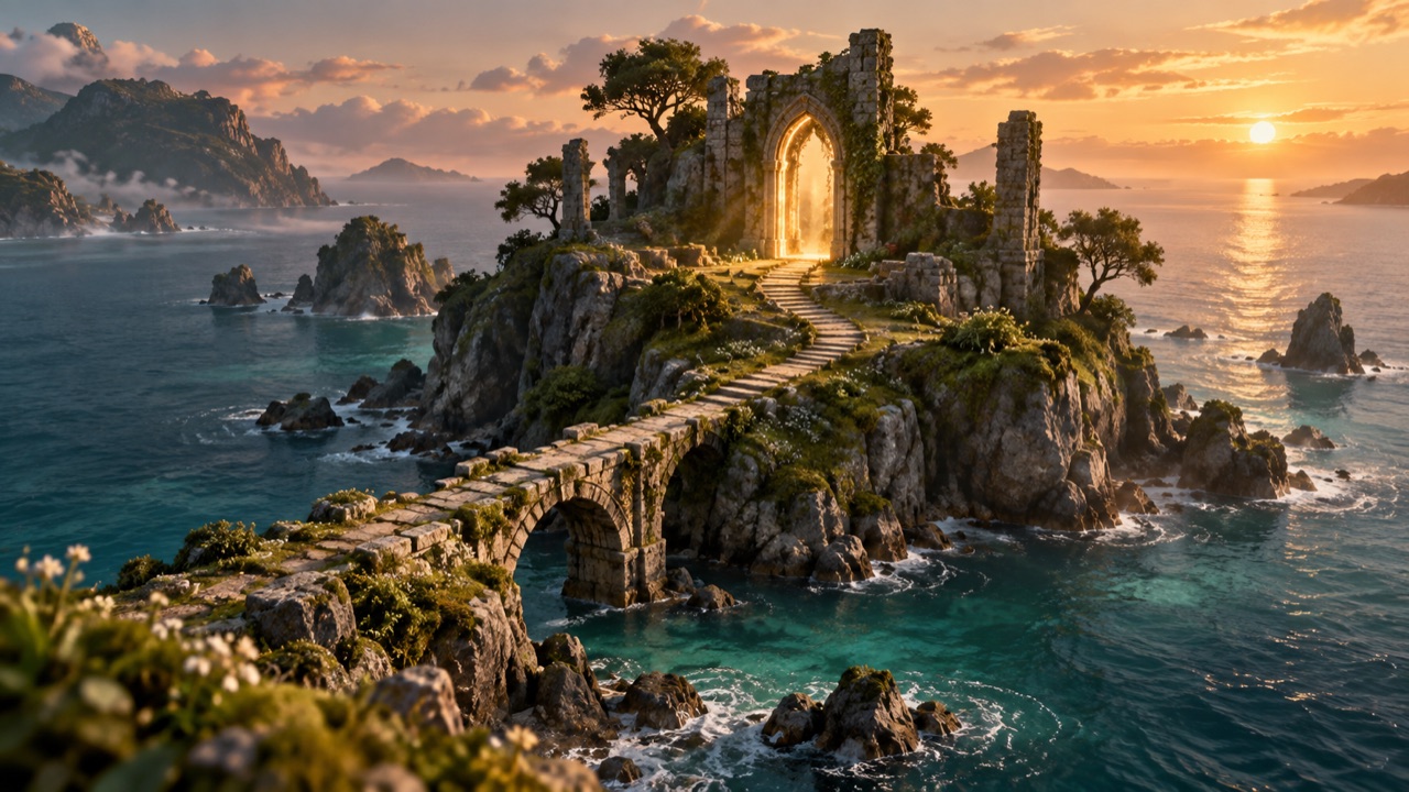A sunlit stone archway on a fantastical island