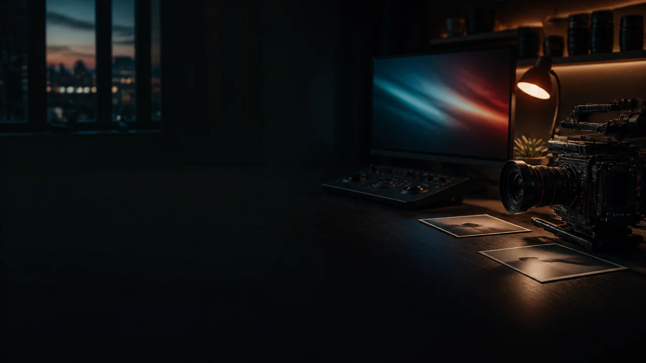 A camera and photographs beside an editing monitor