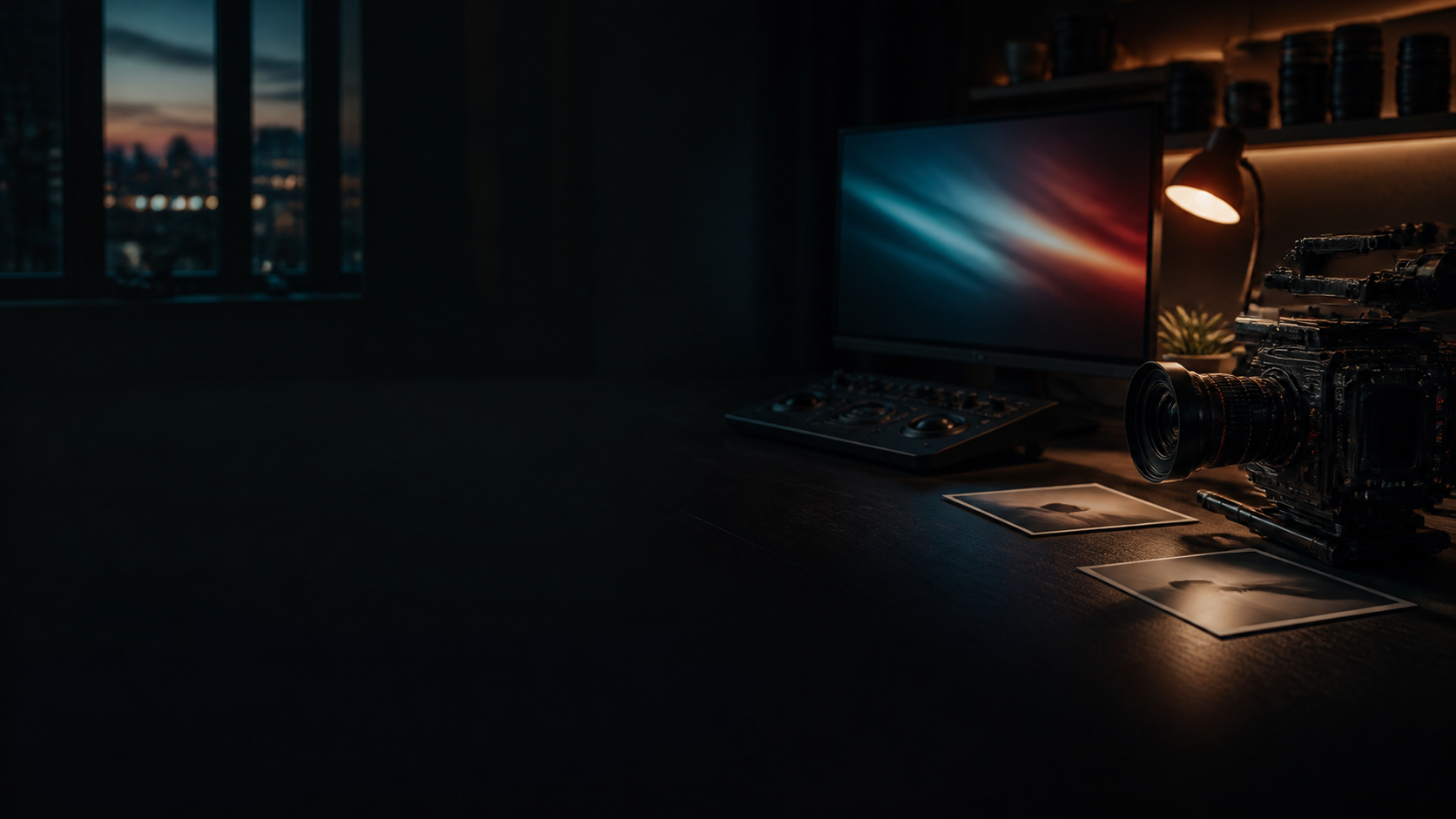 A dimly lit editing desk with a cinema camera, monitor and photographs